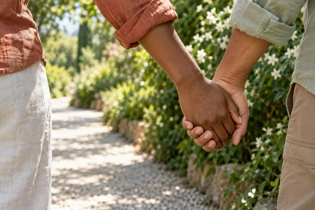 Close das mãos unidas de um casal em um jardim com flores brancas e luz suave da manhã.