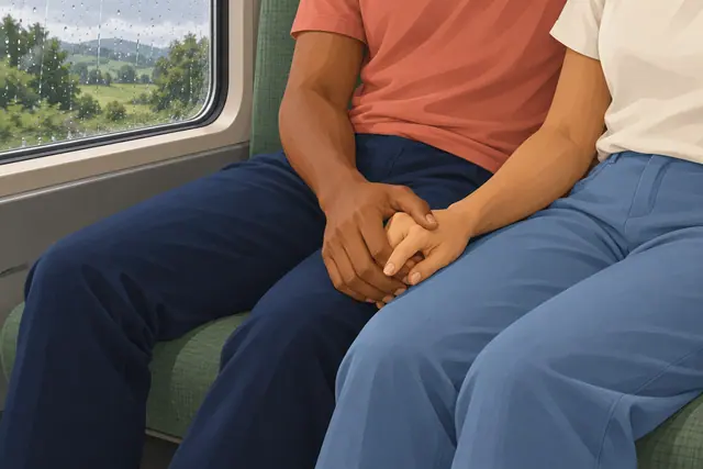 Detalhe das mãos unidas de um casal sentado no trem, ao lado de uma janela com gotas de chuva e paisagem verde.