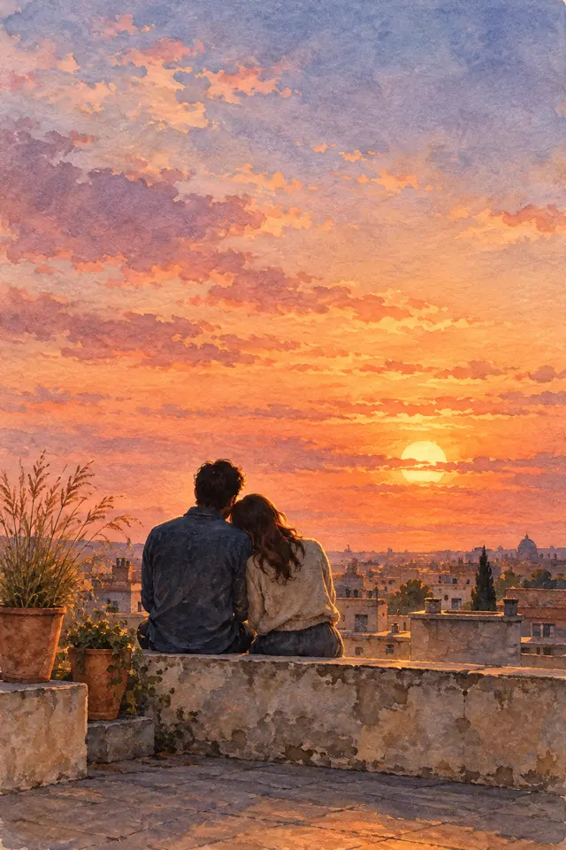 Aquarela de casal de costas em um terraço, com a cabeça apoiada no ombro, diante do pôr do sol sobre a cidade.