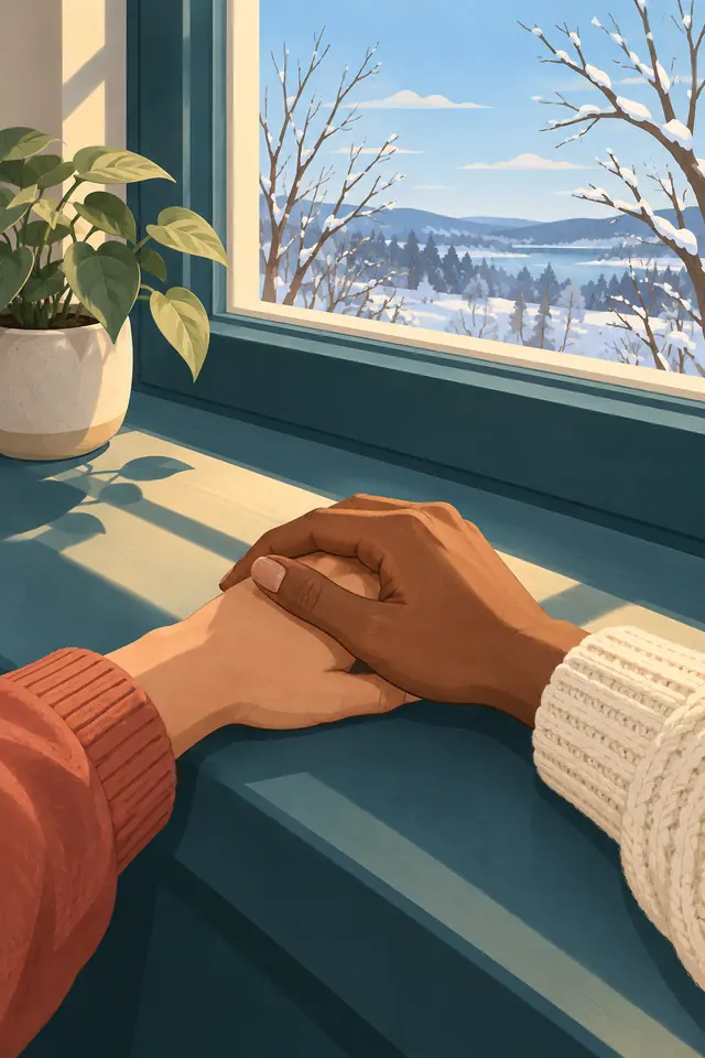 Mãos de um casal unidas ao sol junto a uma janela azul, com planta em vaso e paisagem nevada ao fundo.