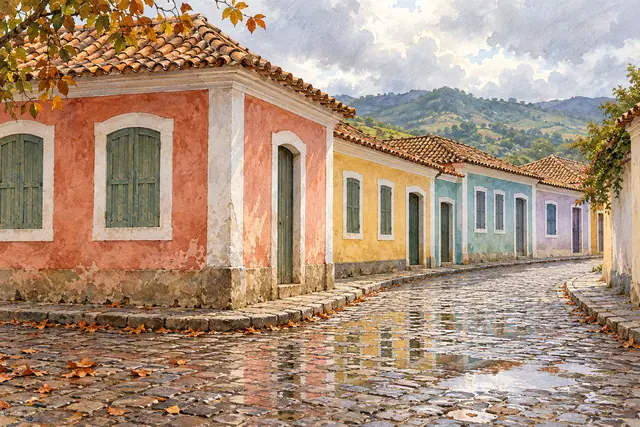 Aquarela de casas coloniais coloridas em rua de pedras molhadas, com folhas de outono e morros verdes ao fundo.