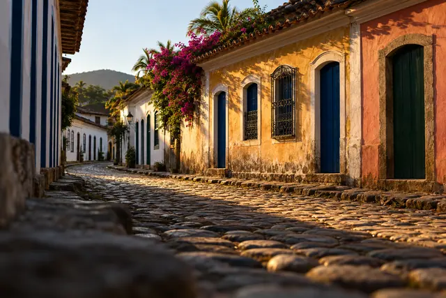 Rua de pedras com casas coloniais coloridas, portas azuis e verdes e flores magenta sob a luz dourada da tarde.