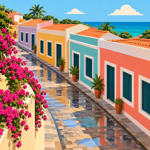 Rua colonial com casas coloridas, flores rosas e reflexos no calçamento molhado, com o mar azul ao fundo.