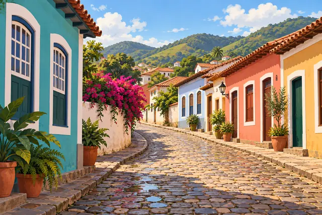 Rua de pedras com casas coloniais coloridas, flores rosas e vasos de plantas, cercada por montanhas verdes.