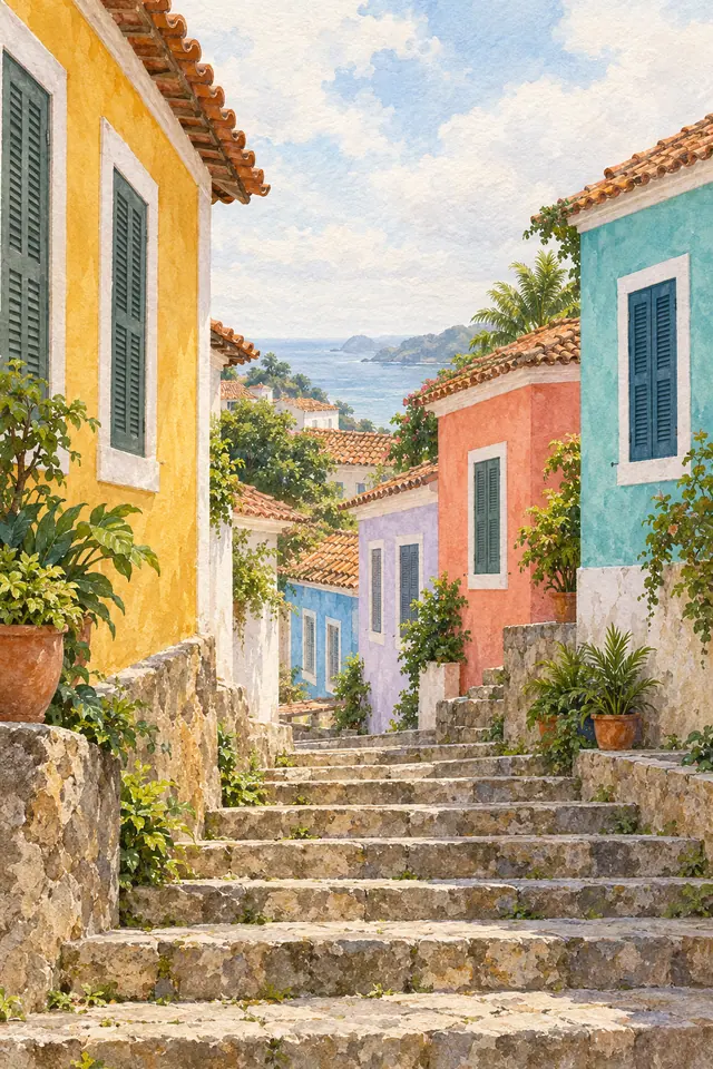 Aquarela de casas coloniais coloridas junto a uma escadaria de pedra, com plantas e o mar ao fundo.