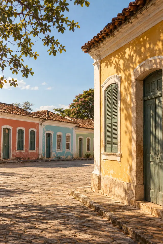 Casa colonial amarela com portas verdes e sombras de folhas, diante de casas coloridas em uma rua de pedra.