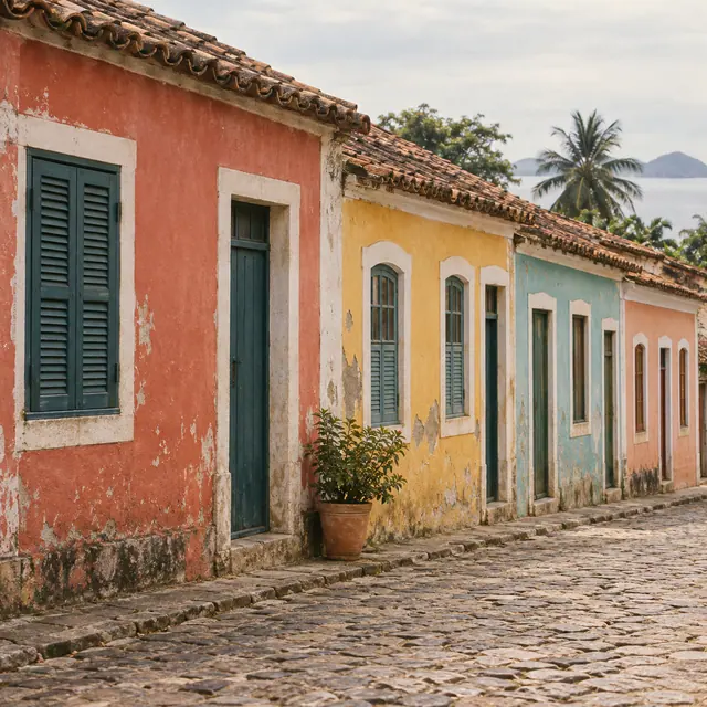 Casas coloniais coloridas com janelas de madeira, telhados de barro e um vaso de planta junto à rua de pedras.