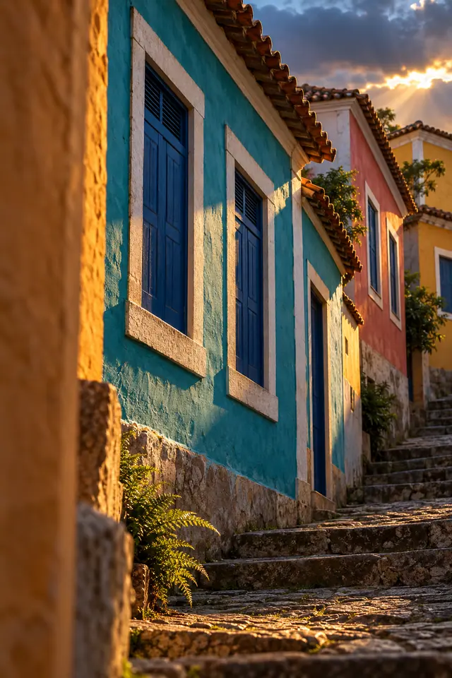 Escadaria de pedra entre casas coloniais coloridas, com janelas azuis e luz dourada sob um céu de nuvens.
