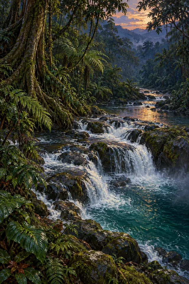 Pintura de cascatas entre rochas com musgo, samambaias e uma grande árvore na floresta tropical ao entardecer.