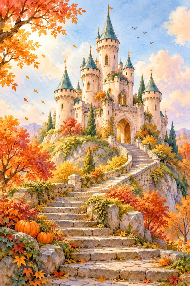 Castelo em aquarela no alto de uma colina, com escadaria de pedra, árvores de outono, abóboras e pássaros.