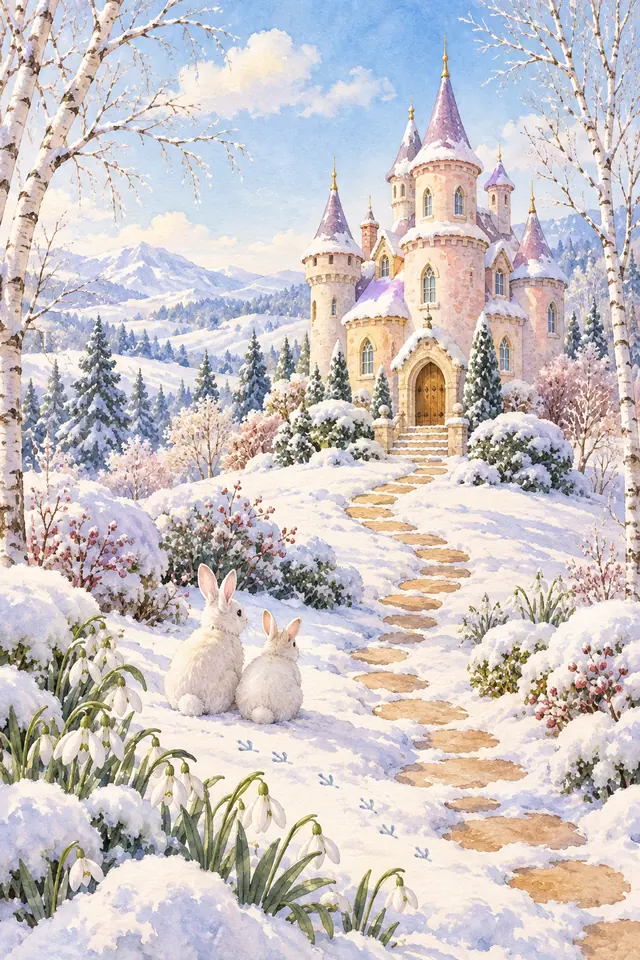 Castelo rosa com torres lilases em jardim nevado, com dois coelhinhos, flores brancas e montanhas ao fundo.