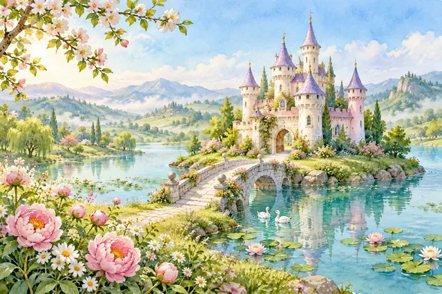 Castelo com torres lilases em ilha florida, ponte de pedra e dois patinhos no lago, em aquarela.