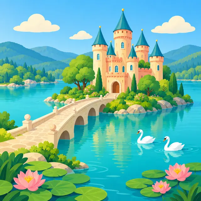 Castelo em ilha verde com ponte de pedra, dois cisnes no lago turquesa e flores de lótus em primeiro plano.