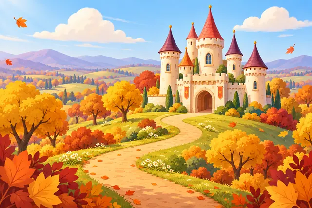 Castelo de torres claras e telhados coloridos entre árvores de outono, com caminho sinuoso e montanhas ao fundo.