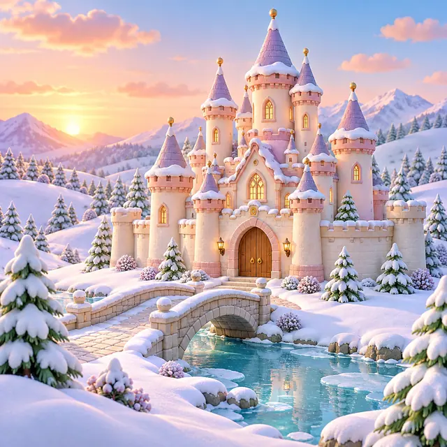 Castelo rosa com torres lilases na neve, ponte de pedra e riacho azul entre pinheiros ao amanhecer.