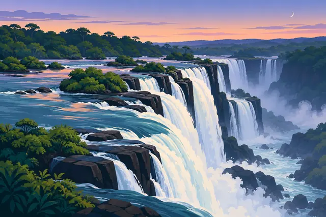 Ilustração de cataratas entre rochas escuras e mata verde, sob céu em tons de pêssego e lilás com lua fina.
