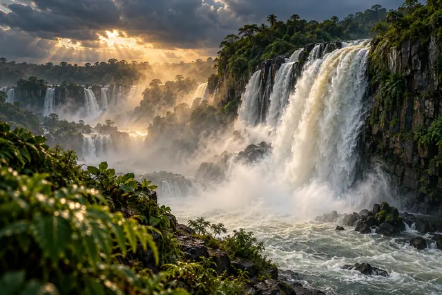 Cataratas cercadas de mata verde e rochas, com névoa iluminada por raios dourados sob nuvens escuras.
