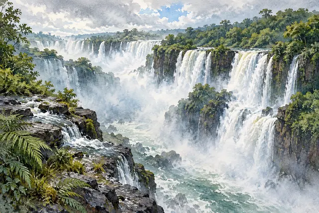 Aquarela de cataratas entre paredões e floresta, com névoa sobre o rio e samambaias nas rochas em primeiro plano.