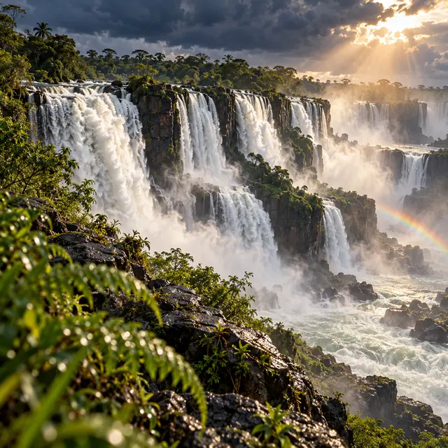 Cataratas entre mata verde e rochas, com névoa, arco-íris e raios de sol atravessando nuvens escuras.