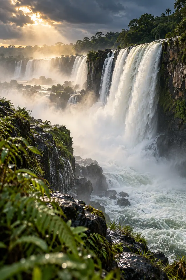 Cataratas cercadas de floresta, com névoa iluminada pelo sol e rochas molhadas em primeiro plano.