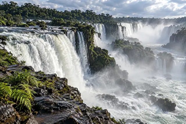 Cataratas cercadas de mata, com névoa sobre o rio e rochas molhadas com samambaias em primeiro plano.