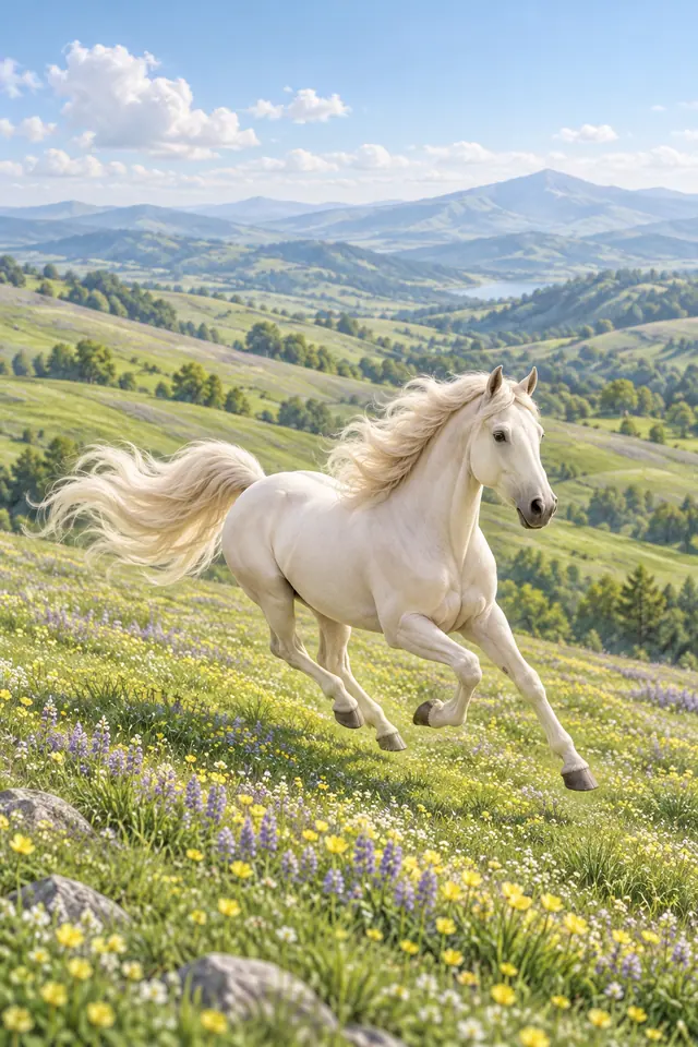 Cavalo branco galopa em campo de flores amarelas e lilases, com colinas verdes e montanhas sob céu azul.