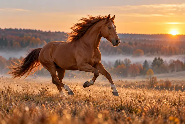 Cavalo castanho galopa em campo dourado ao amanhecer, com árvores de outono e neblina ao fundo.