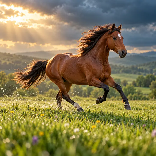 Cavalo castanho galopa na grama molhada sob raios de sol entre nuvens escuras, com colinas ao fundo.