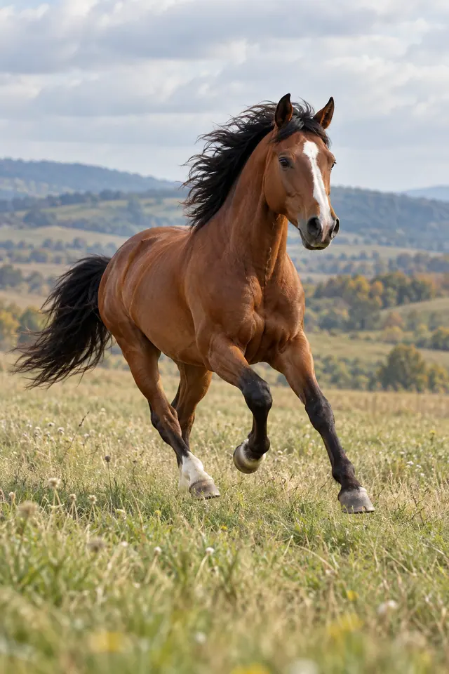 Cavalo castanho com faixa branca no rosto corre pelo campo, com colinas ao fundo e a crina ao vento.