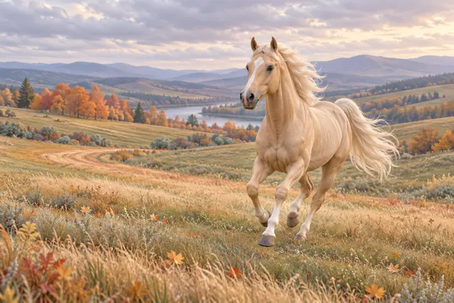 Cavalo dourado corre em campo de outono, com árvores alaranjadas, lago e colinas sob um céu de nuvens suaves.