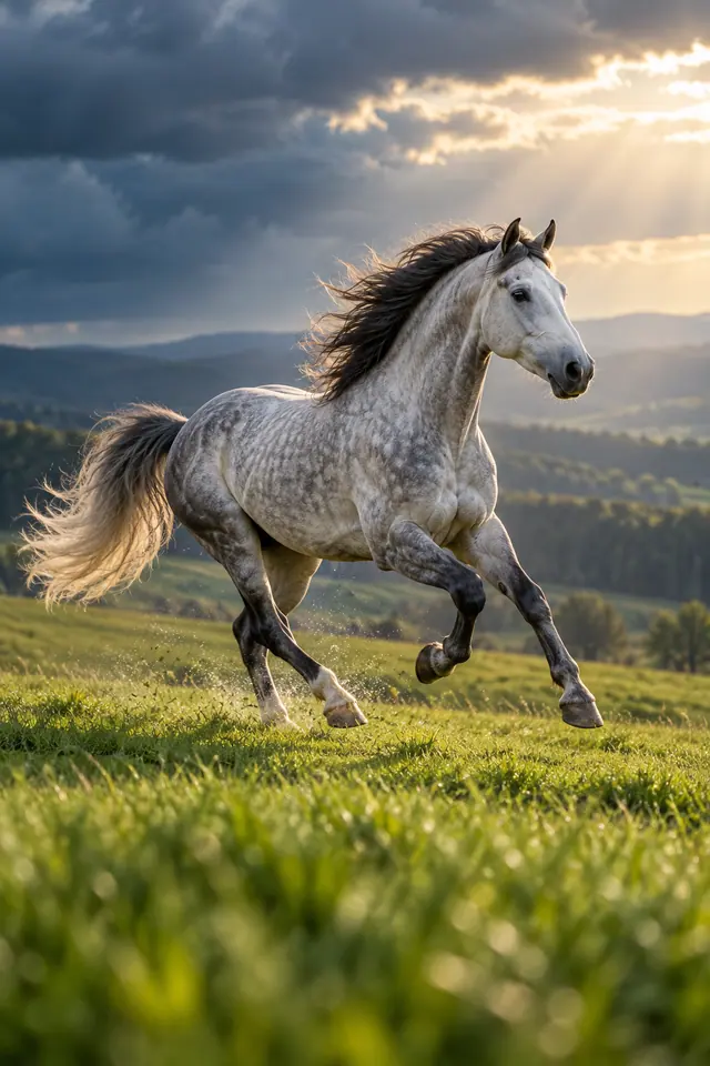 Cavalo tordilho corre em campo verde sob raios de sol entre nuvens escuras, com colinas desfocadas ao fundo.
