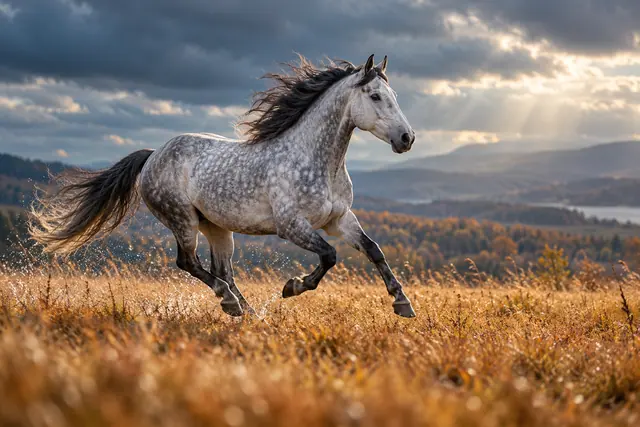 Cavalo tordilho galopa em campo dourado, com gotas nas patas e raios de sol entre nuvens sobre colinas.