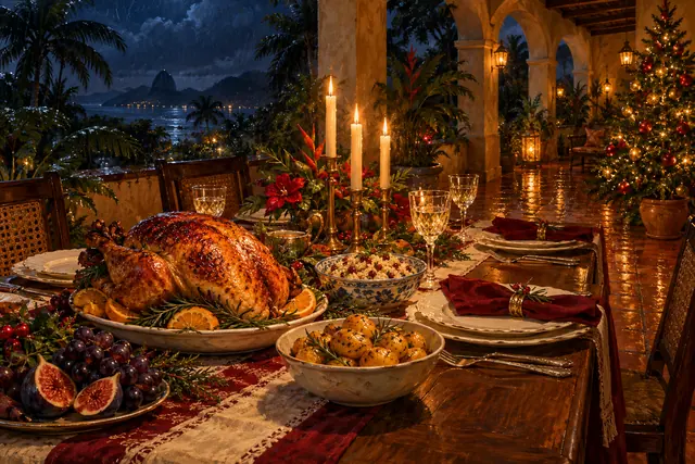 Ceia de Natal com peru, frutas e velas em varanda tropical, com árvore iluminada e mar ao fundo.