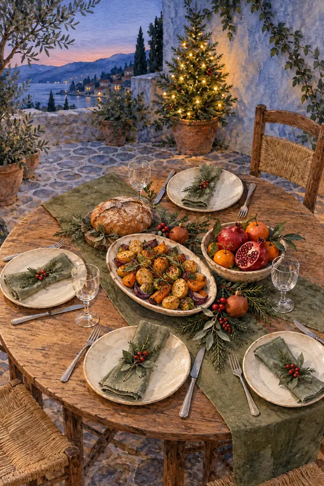 Aquarela de ceia natalina em mesa de madeira, com frutas, legumes e árvore iluminada em pátio à beira-mar.
