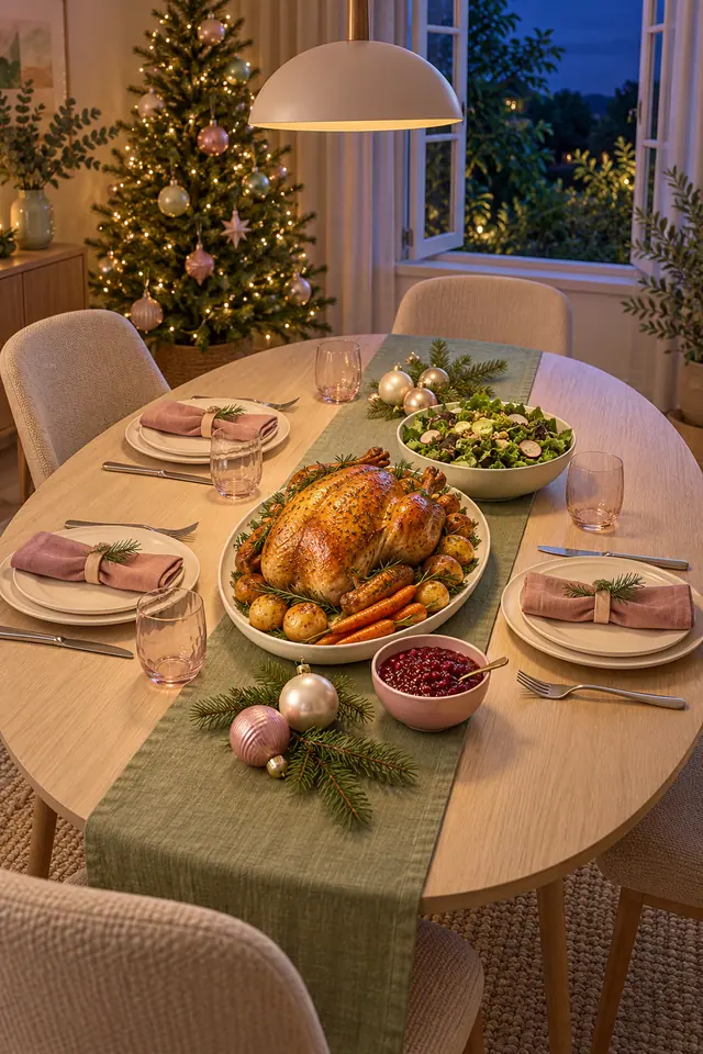 Mesa de ceia com peru assado, salada e enfeites em tons pastel, junto à árvore de Natal iluminada e à janela aberta.