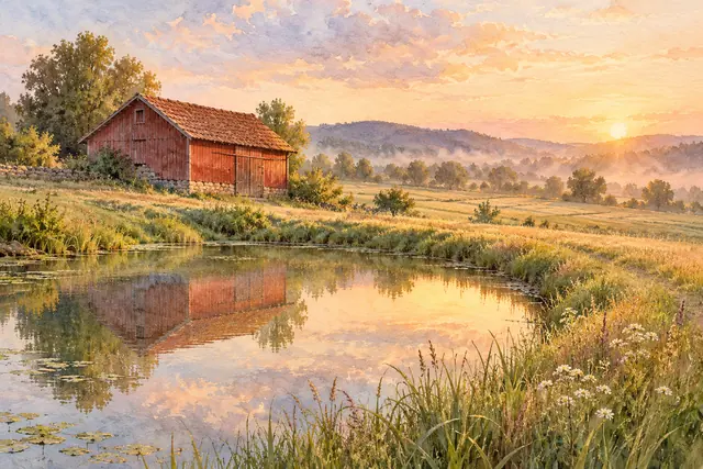 Aquarela de celeiro vermelho refletido em lago, com flores na margem e sol nascendo sobre colinas com névoa.