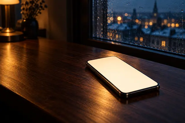 Celular com tela em branco sobre mesa de madeira, com luz âmbar e janela molhada diante da cidade desfocada.