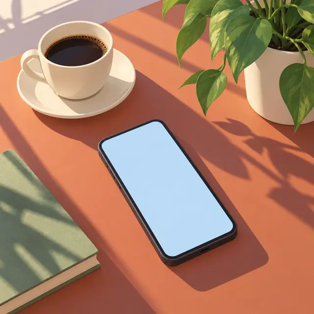 Celular com tela vazia sobre mesa terracota, ao lado de café, planta e caderno verde sob luz quente.