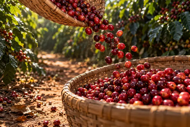 Cerejas de café caem entre dois cestos de fibras trançadas sob a luz do sol, em um caminho entre cafezais.