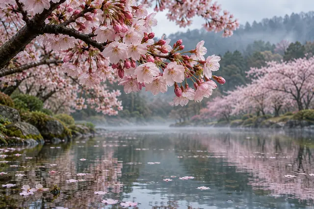 Galho de cerejeira com flores rosas e gotas sobre lago com pétalas, reflexos de árvores floridas e névoa ao fundo.