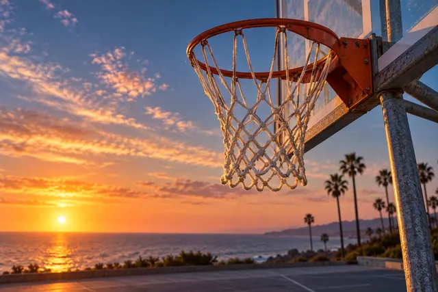 Cesta de basquete em primeiro plano diante do mar, com palmeiras e uma quadra vazia ao pôr do sol.