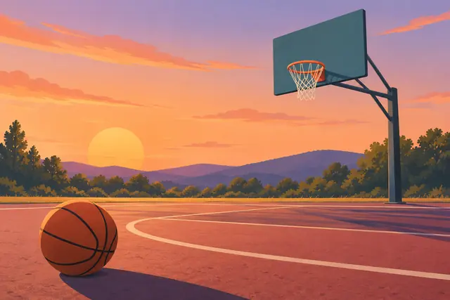 Bola e cesta de basquete em quadra ao ar livre, com árvores e montanhas sob o céu alaranjado do pôr do sol.