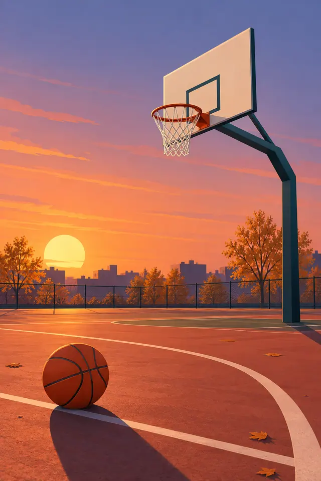 Cesta e bola de basquete em quadra vazia ao pôr do sol, com árvores de outono e prédios ao fundo.