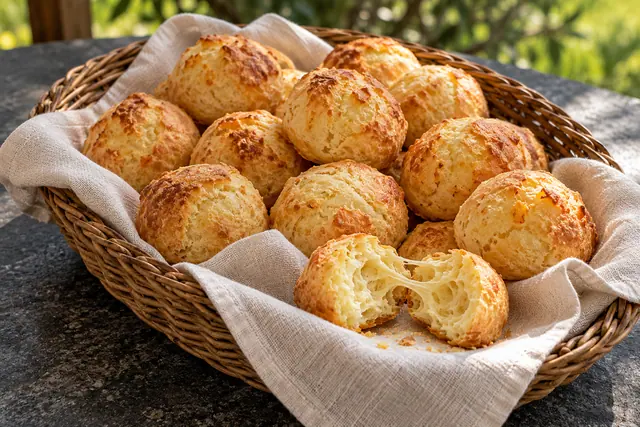 Cesta de vime com pães de queijo dourados e uma unidade aberta sobre tecido claro, com jardim desfocado ao fundo.
