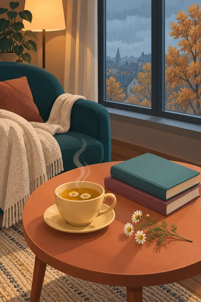 Chá de camomila, livros e flores sobre mesa, com poltrona e janela para uma tarde chuvosa de outono.