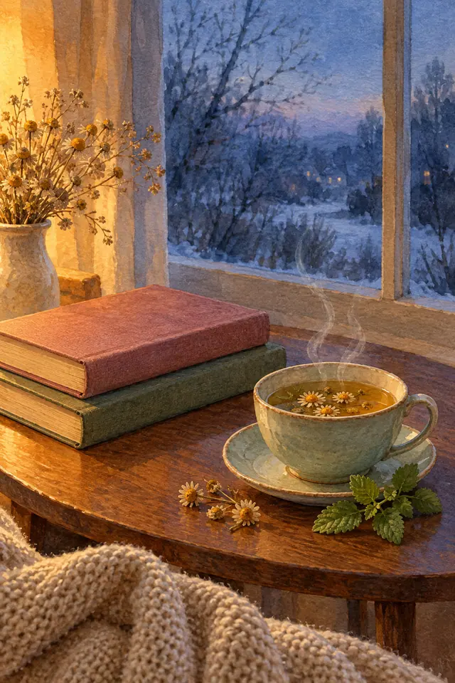 Aquarela de chá fumegante, livros e camomilas sobre mesa junto à janela com paisagem de inverno.