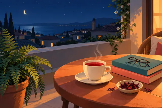 Chá de hibisco, livros e óculos em mesa no terraço, com plantas e vista para o mar sob a lua.