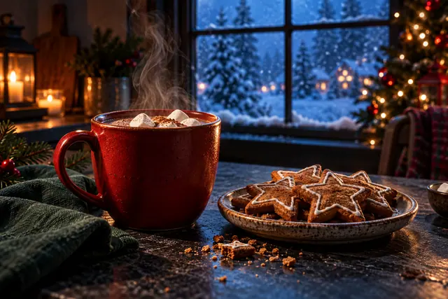 Caneca vermelha de chocolate quente e biscoitos de estrela diante de uma janela nevada e árvore de Natal iluminada.