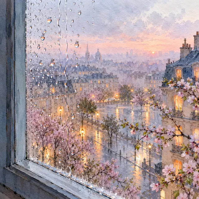 Aquarela de janela com gotas de chuva, flores rosadas e cidade iluminada ao amanhecer da primavera.