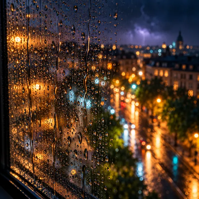 Gotas de chuva na janela com luzes douradas e azuis da cidade desfocadas ao fundo em uma noite de verão.